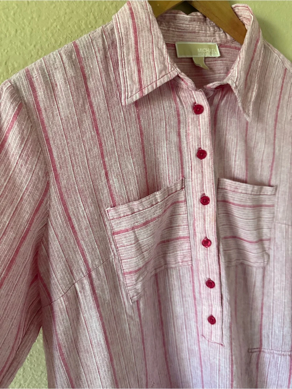 Michael Kors Linen-Blend Pink Striped Button-Down Tunic